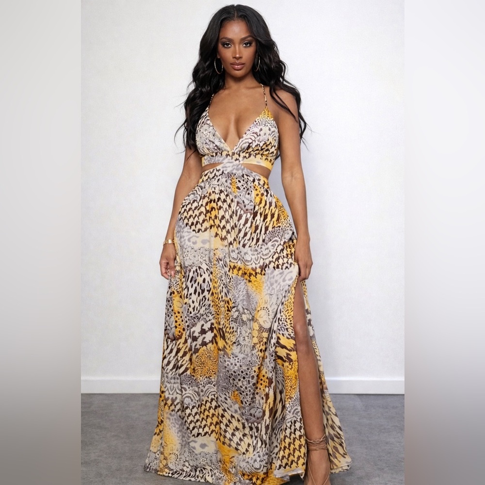 Animal Print Cut Out Maxi Dress Backless High Slit Boho Resort Vacation Size M